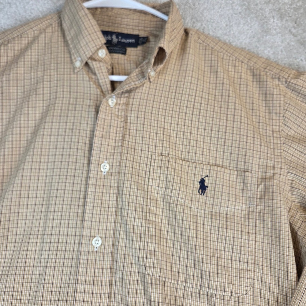 Ralph Lauren Yarmouth Shirt Mens 15 32/33 Tan Long Sleeve Plaid Cotton Pony